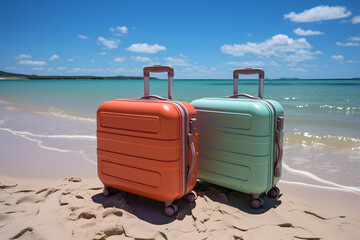 Two travel suitcases on the sandy beach. 3d render. concept travel. ia generated