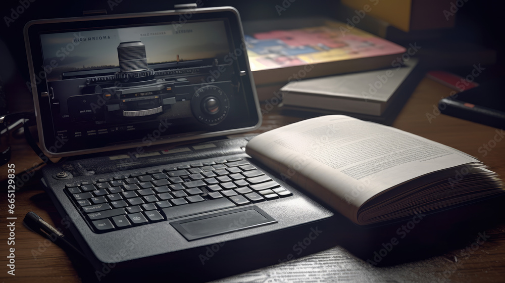 Aufkleber concept of e-learning technology, graphic of realistic computer notebook with book's pages as screen
