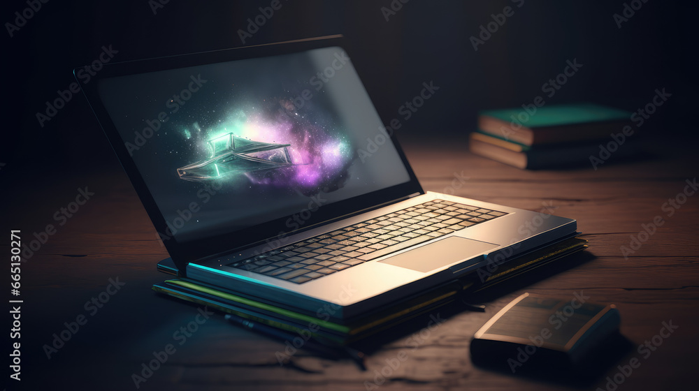 Fototapete concept of e-learning technology, graphic of realistic computer notebook with book's pages as screen