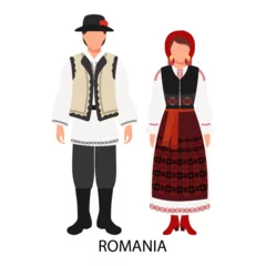 Foto op Canvas A man and a woman in Romanian folk costumes. Culture and traditions of Romania. Illustration, vector © Tatiana