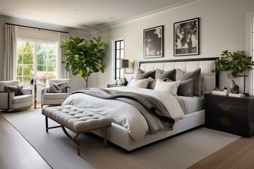Elegant bedroom with spacious bed in California. Contemporary style for upscale home design and living. Generative AI