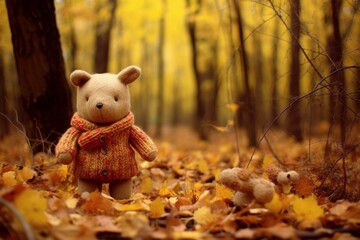 Warmth and nostalgia embodied in a cuddly toy amidst a colorful autumn woodland. Generative AI - obrazy, fototapety, plakaty