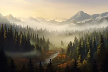 Foto op Plexiglas Realistic image of misty morning mountains and forest. Generative AI © Daniel
