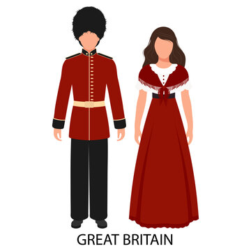 A man and a woman in British folk costumes. Culture and traditions of Great Britain. Illustration, vector