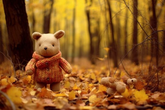 Warmth and nostalgia embodied in a cuddly toy amidst a colorful autumn woodland. Generative AI