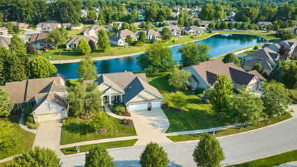 Aerial close up of homes in suburban neighborhood on bright sunny day with pond between houses