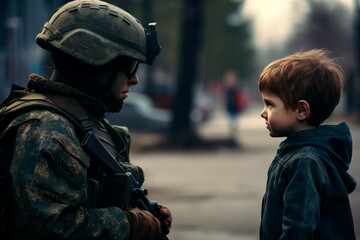 The soldier looks at the child