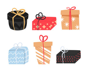 new year gift boxes set. Presents, surprises wrapped in festive paper and ribbon, bow decor. Holiday flowers, packages  different shape. Flat  illustration isolated  for poster, AD, stickers, decor 