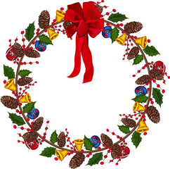 Christmas wreath illustration on transparent background.