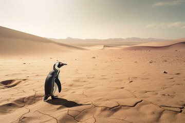 Image of a penguin in the desert, symbolizing environmental change due to global warming and carbon dioxide. Generative AI