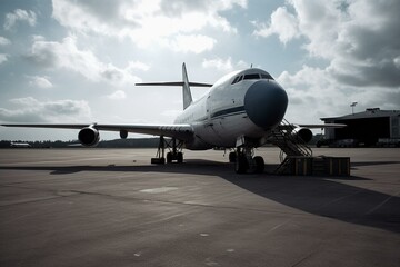 Fototapeta na wymiar A cargo airplane parked on an airport tarmac. Generative AI