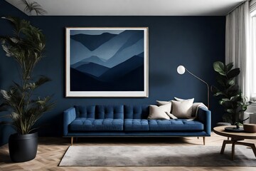 A minimalist setting showcasing a Canvas Frame for a mockup in a modern living room, with a dark blue sofa providing a burst of color against the monochromatic palette