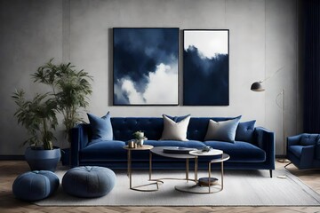 A Canvas Frame for a mockup in a modern living room where contemporary meets comfort, spotlighting the plush cushions and deep hue of the dark blue sofa