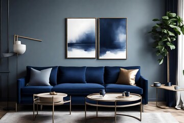 A Canvas Frame for a mockup in a modern living room where contemporary meets comfort, spotlighting the plush cushions and deep hue of the dark blue sofa