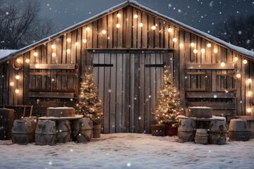 Fototapeta na wymiar Stylish rustic cozy farmhouse against a forest night landscape, decorated with Christmas lights. Merry Christmas. Happy holidays