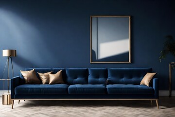 A Canvas Frame for a mockup set in a modern living room flooded with natural light, casting dynamic shadows on the elegant dark blue sofa below