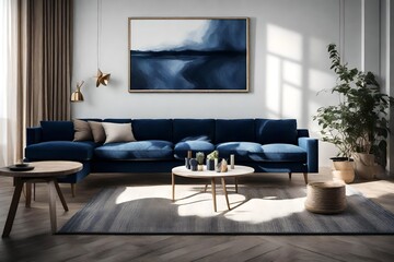 A Canvas Frame for a mockup set in a modern living room flooded with natural light, casting dynamic shadows on the elegant dark blue sofa below