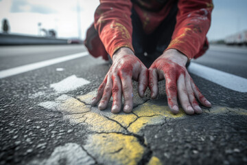 Close up of climate activist hands glued herself to the asphalt, blocking the highway - obrazy, fototapety, plakaty