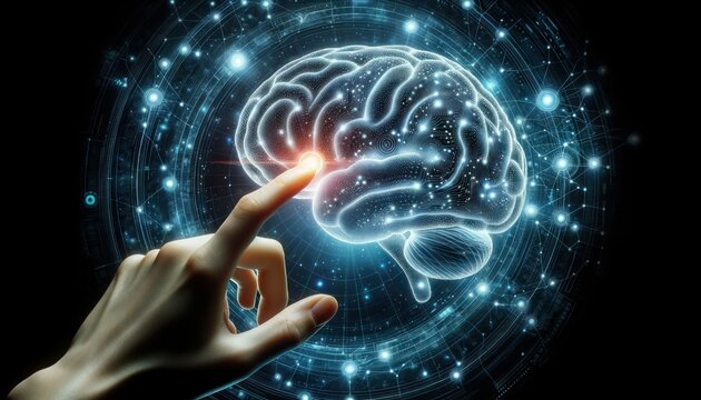A human hand extends to interact with a luminous projection of a brain, symbolizing humanity's endeavor to comprehend and integrate with advanced technology.