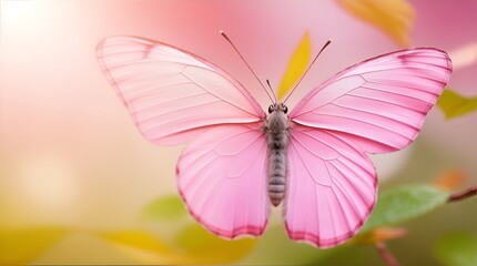 Macro of beautiful pink butterfly flying near spring leaves at sunrise on light background. Banner