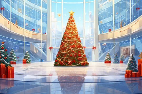 Stylish decorated modern shopping center with Christmas tree. Holiday glass showcases with a sale. Artistic illustration. Merry Christmas. Happy Holidays