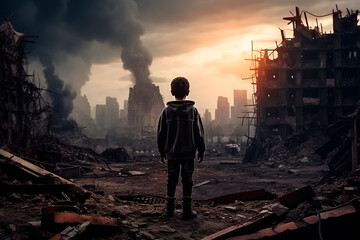 A child against the background of a destroyed city. Solid ruins, no future. The concept of war in our time - obrazy, fototapety, plakaty