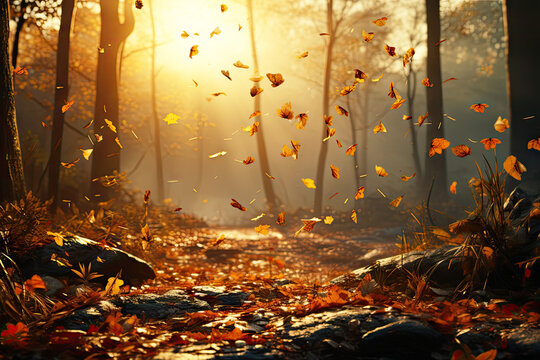 Herbstzeit - welkes Laub fällt im malerischen Herbstwald von den Bäumen,  Generative AI