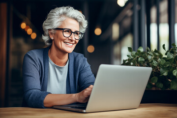 Middle aged older business woman using laptop