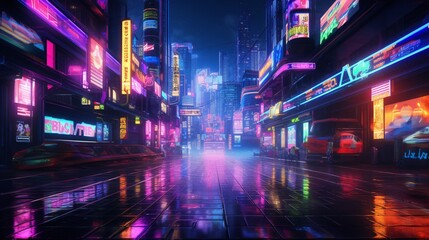 A bustling urban street at night, neon signs casting a colorful glow on the wet pavement.