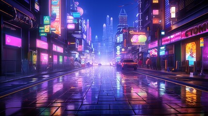 A bustling urban street at night, neon signs casting a colorful glow on the wet pavement.