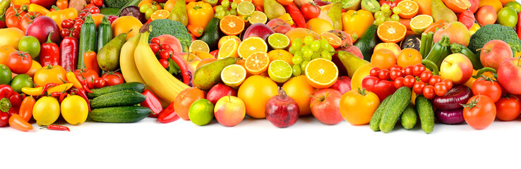Wide collage of fresh fruits and vegetables for layout isolated on white background.
