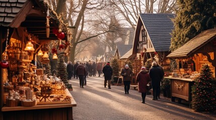 A charming holiday market with wooden stalls selling handmade crafts, ornaments, and roasted chestnuts - obrazy, fototapety, plakaty