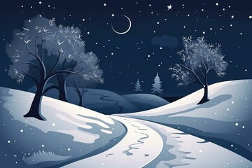 Winter scene with pathway, tree, star, snowflakes. Christmas greeting card, illustration. Generative AI