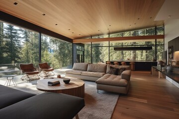 Contemporary living area with wooden decor and expansive natural and forest views. Generative AI