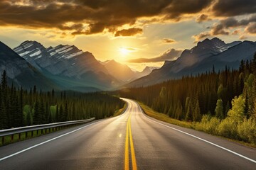 Scenic view of mountains and sunrise over a highway in Canada. Generative AI