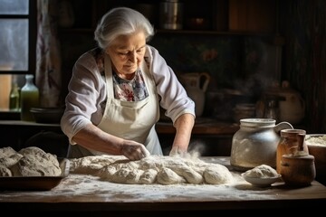 An old woman, a grandmother, kneads the dough with her hands. Retro rustic village style