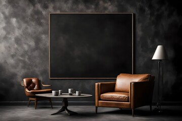 A Canvas Frame for a mockup suspended elegantly in a modern living room, with a leather armchair casting a soft shadow on the textured dark cement wall, creating a dramatic ambiance
