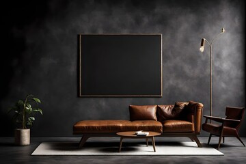 A Canvas Frame for a mockup suspended elegantly in a modern living room, with a leather armchair casting a soft shadow on the textured dark cement wall, creating a dramatic ambiance