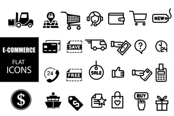 E-Commerce icons set. E-Commerce flat icons collection. Shopping, online shop, delivery, marketing, store, money, payment, price icons collection