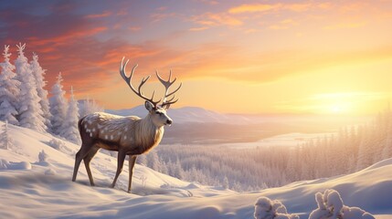 Christmas Reindeer Enjoying Warm Sunlight on Snowy Plains: A Background for Winter Holidays, Merry Christmas and Happy New Year, Generative AI