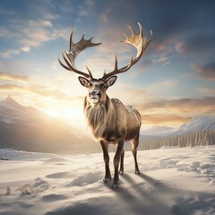 Warm Sunlight on Snowy Plains: A Merry Christmas and Happy New Year with Christmas Reindeer, Winter Holidays Background, Generative AI