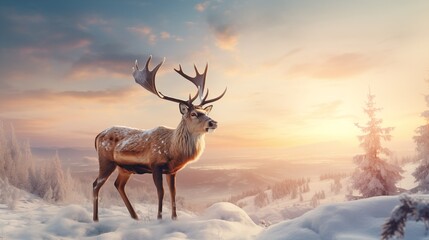Celebrating a Merry Christmas and Happy New Year with a Winter Holidays Background of a Reindeer on Snowy Plains in Warm Sunlight, Generative AI
