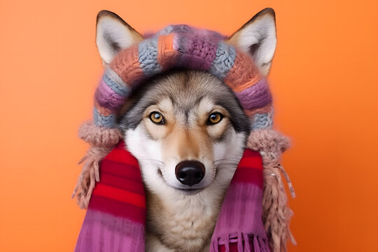 Studio portrait of a coyote or wolf wearing knitted hat, scarf and mittens. Colorful winter and cold weather concept.