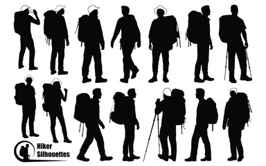 male and female hikers or Hiking in the mountains silhouettes vector