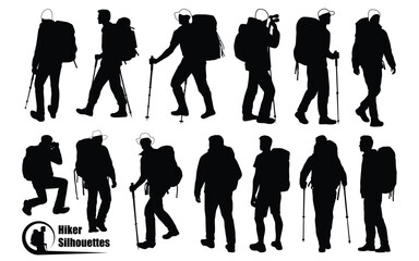 male and female hikers or Hiking in the mountains silhouettes vector