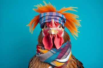Studio portrait of a rooster or chicken wearing knitted hat, scarf and mittens. Colorful winter and cold weather concept.