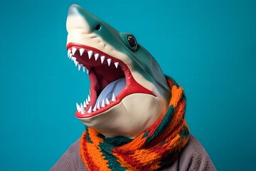 Studio portrait of a shark wearing knitted hat, scarf and mittens. Colorful winter and cold weather concept.