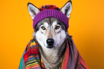 Studio portrait of a wolf wearing knitted hat, scarf and mittens. Colorful winter and cold weather concept.