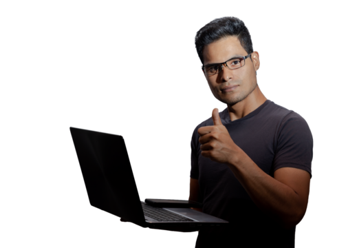 Young Latino with glasses and laptop, looking and giving a thumbs-up gesture. Networking concept, programming, business, cybersecurity. Isolated.