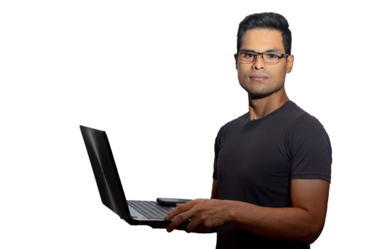 Young Latino with glasses and laptop, looking and smiling. Networking concept, programming, business, cybersecurity. Isolated.